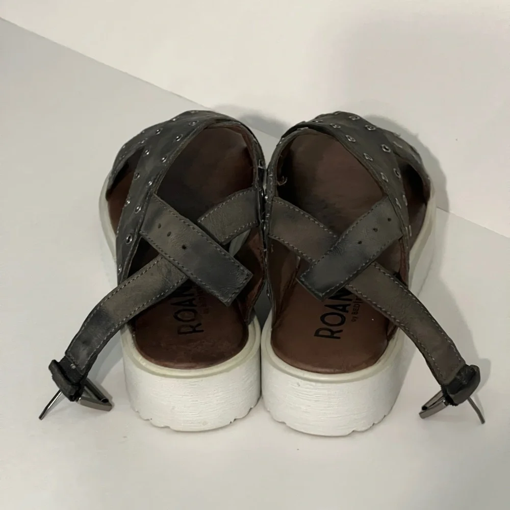 Bed Stu Roan Hali Platform Sandals, size 8.5. Grey  Leather heel strap grommets